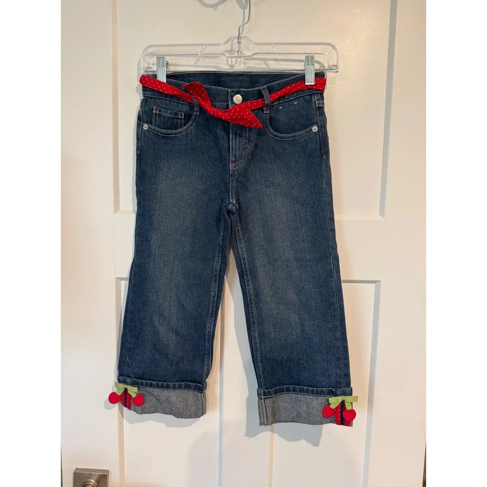 Gymboree Girls Cherry Applique Capri Jeans Red Polka Dot Belt Blue Denim Size 9